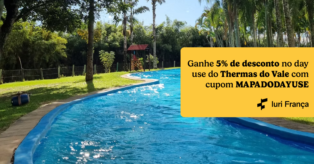 foto do rio lento no Thermas do vale. No canto tem um destaque amarelo com o texto "Ganhe 5% de desconto no day use do Thermas do Vale com cupom MAPADODAYUSE"